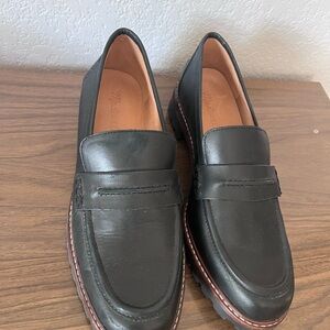 Madewell Black Leather Penny Loafers with Brown Trim
